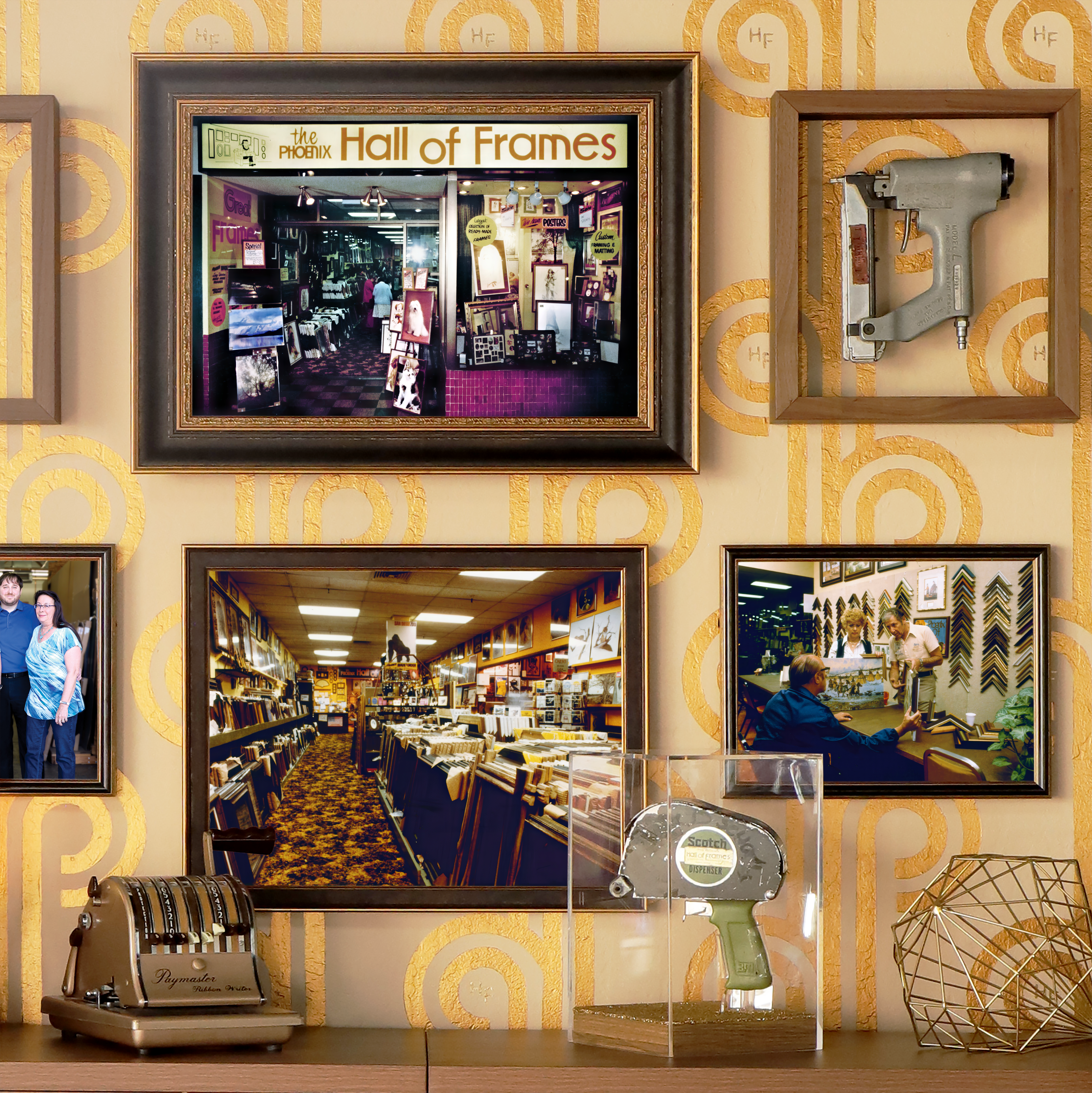 A photo of a 50th Anniversary History Gallery Wall, including images of Hall of Frames history, store fronts, the family, and some of the first tools used.