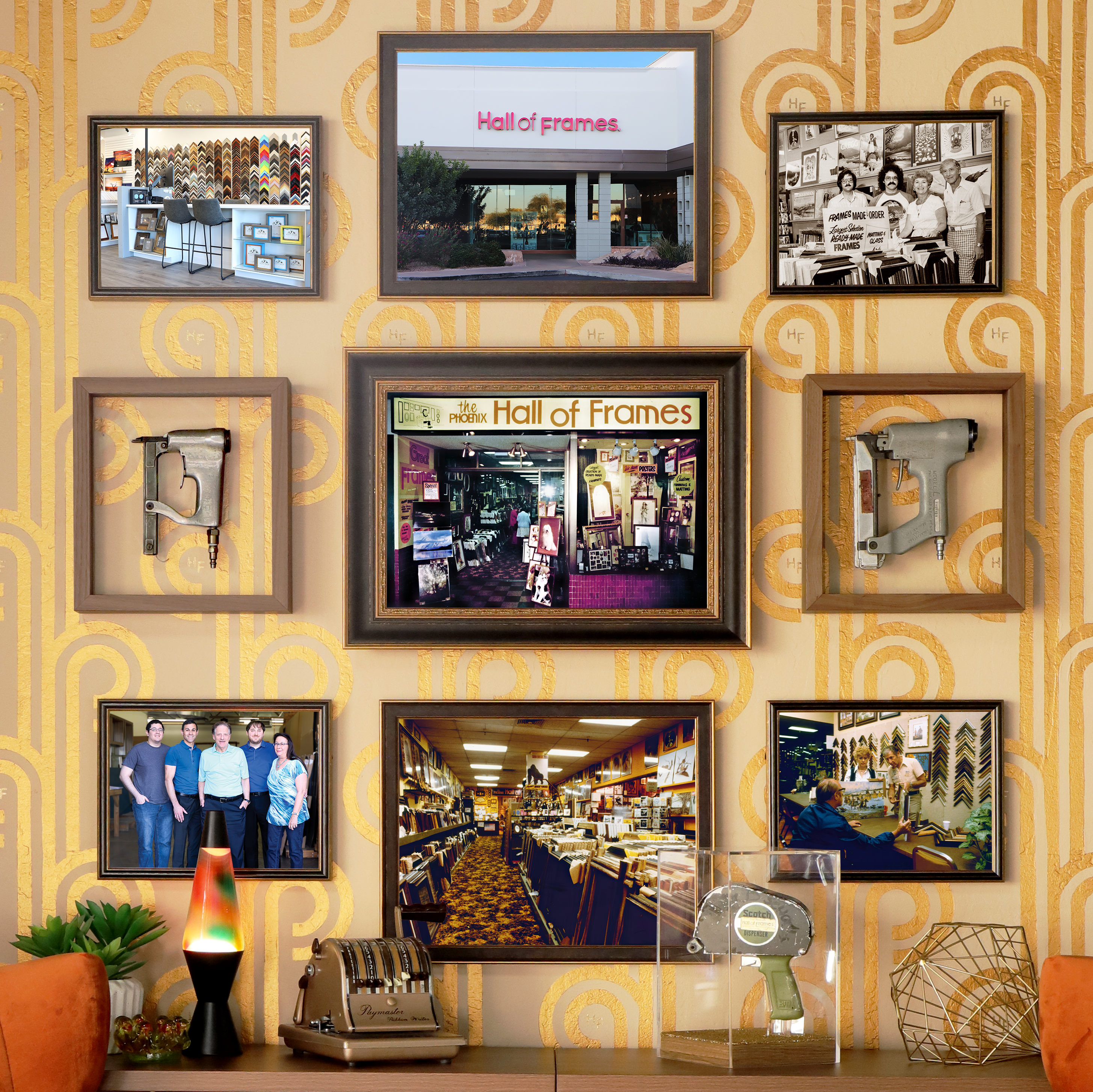 A photo of a 50th Anniversary History Gallery Wall, including images of Hall of Frames history, store fronts, the family, and some of the first tools used.