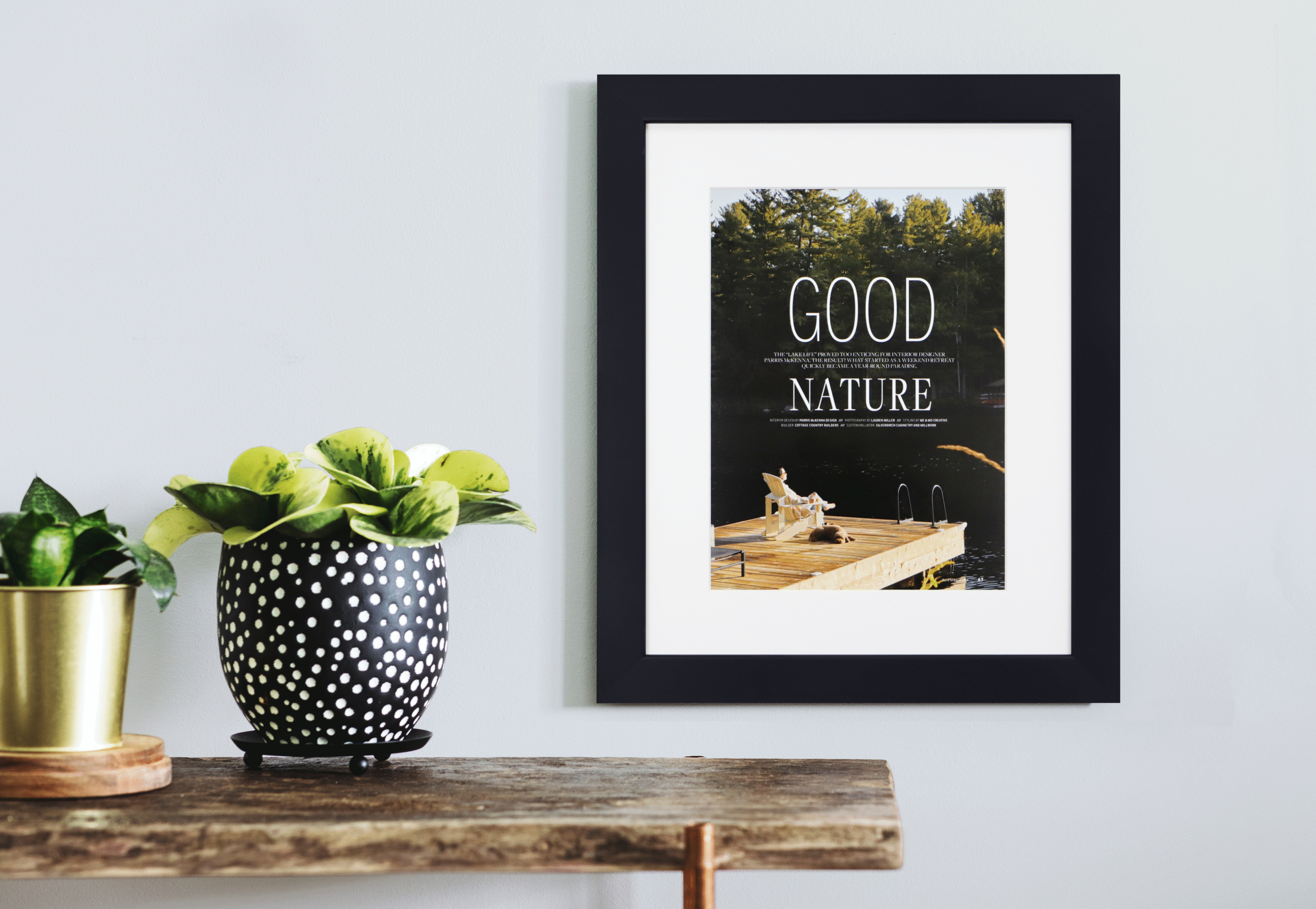 Publication frame hung in a scene near plants
