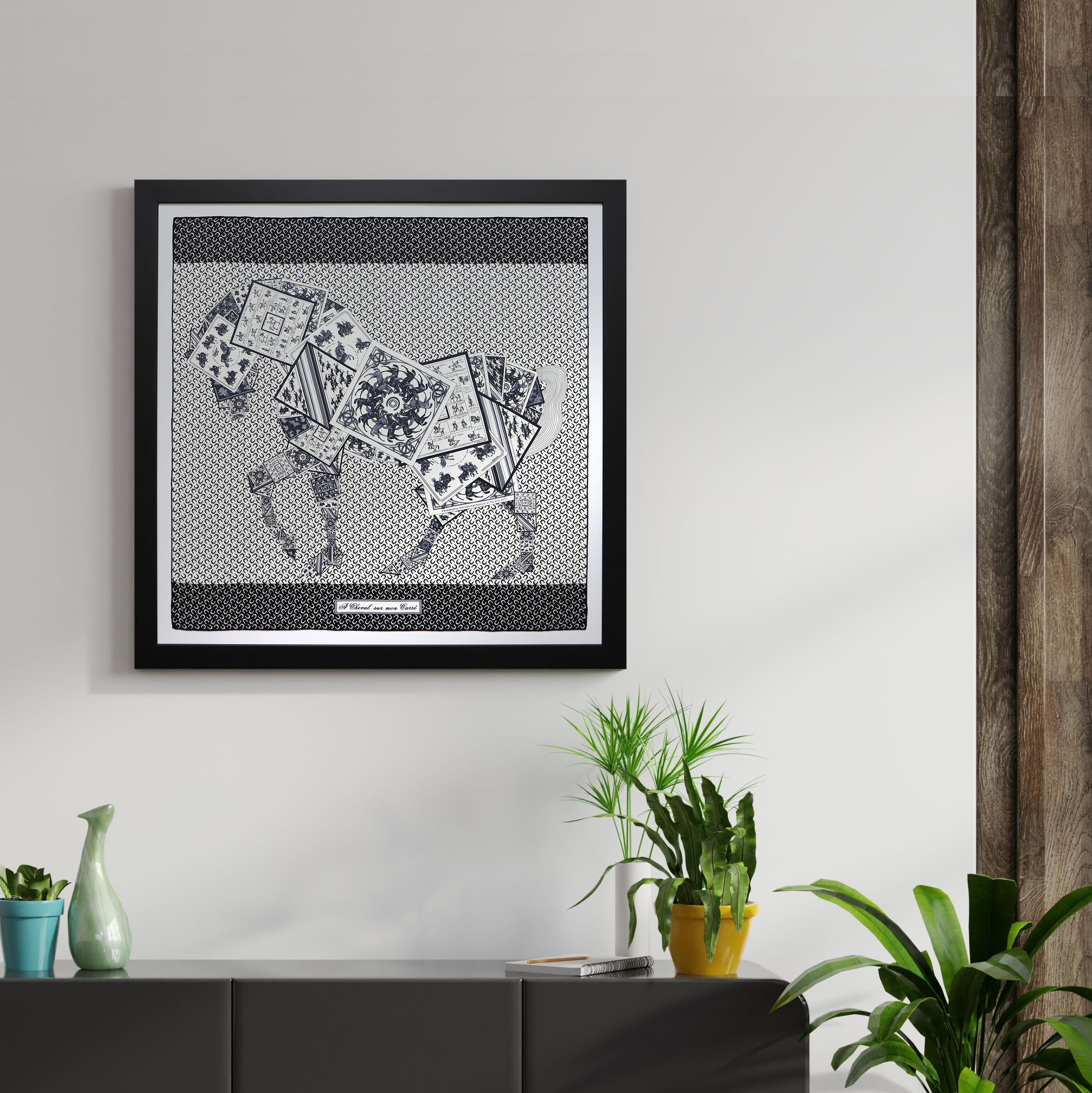 A custom framed designer scarf framed with museum glass by Hall of Frames