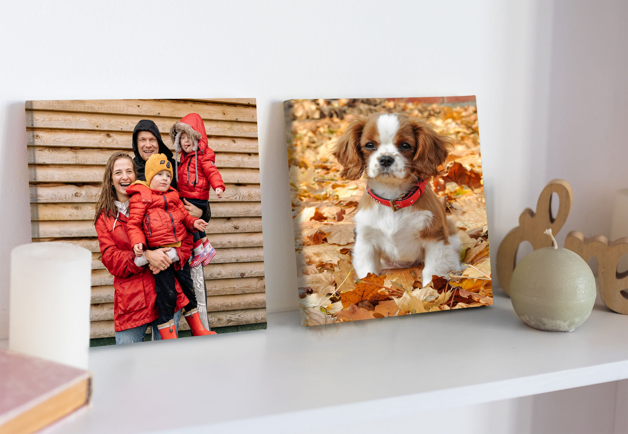 Two square photo canvas prints resting on a white shelf, one showing a family in winter coats and the other a puppy in autumn leaves.